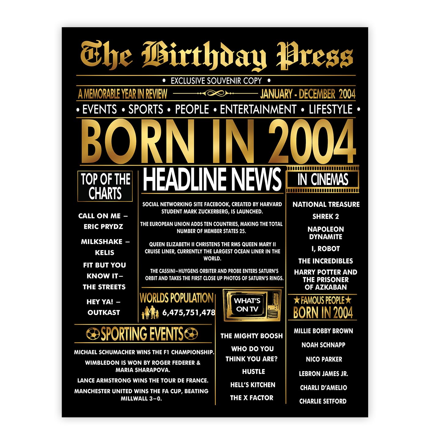 Stuff4 Gold 22nd Birthday Poster Unframed, Golden Born In 2004 Newspaper