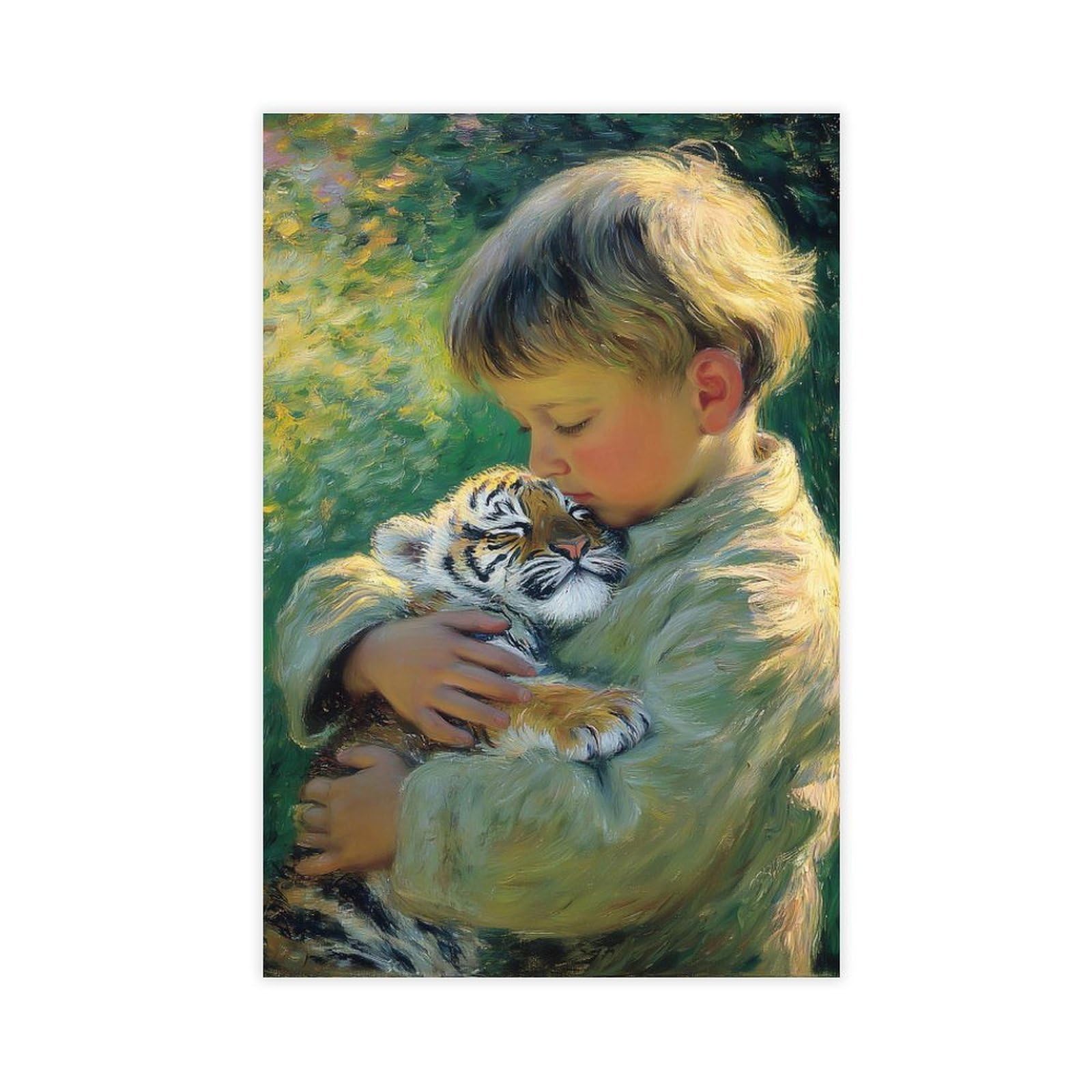 Ywtjax Unframe-Style Child Hugging A Tiger Cub Poster Canvas Poster For Bedroom Decor Gift