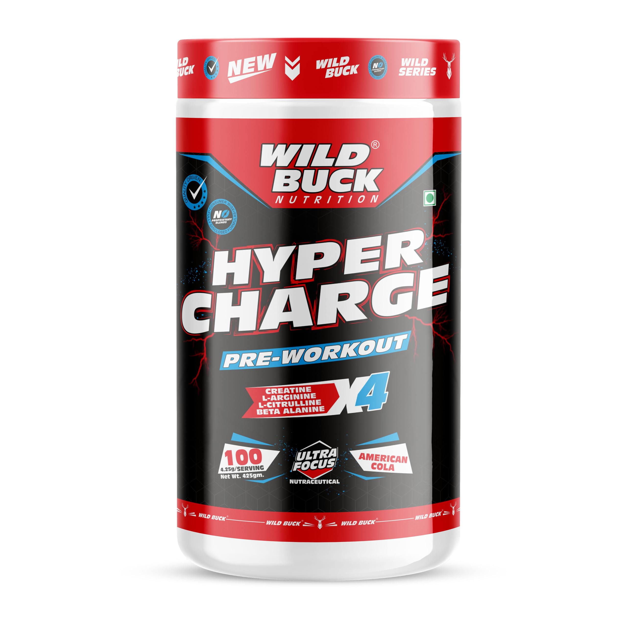 Wild Buck Hyper Charge Pre-X4 Hardcore Pre-Workout Supplement with Creatine Monohydrate, Arginine AAKG, Beta-Alanine & Muscle Pump Formula | Caffeinated Punch for Explosive Energy, Focus & Strength [100 Servings, American Cola]
