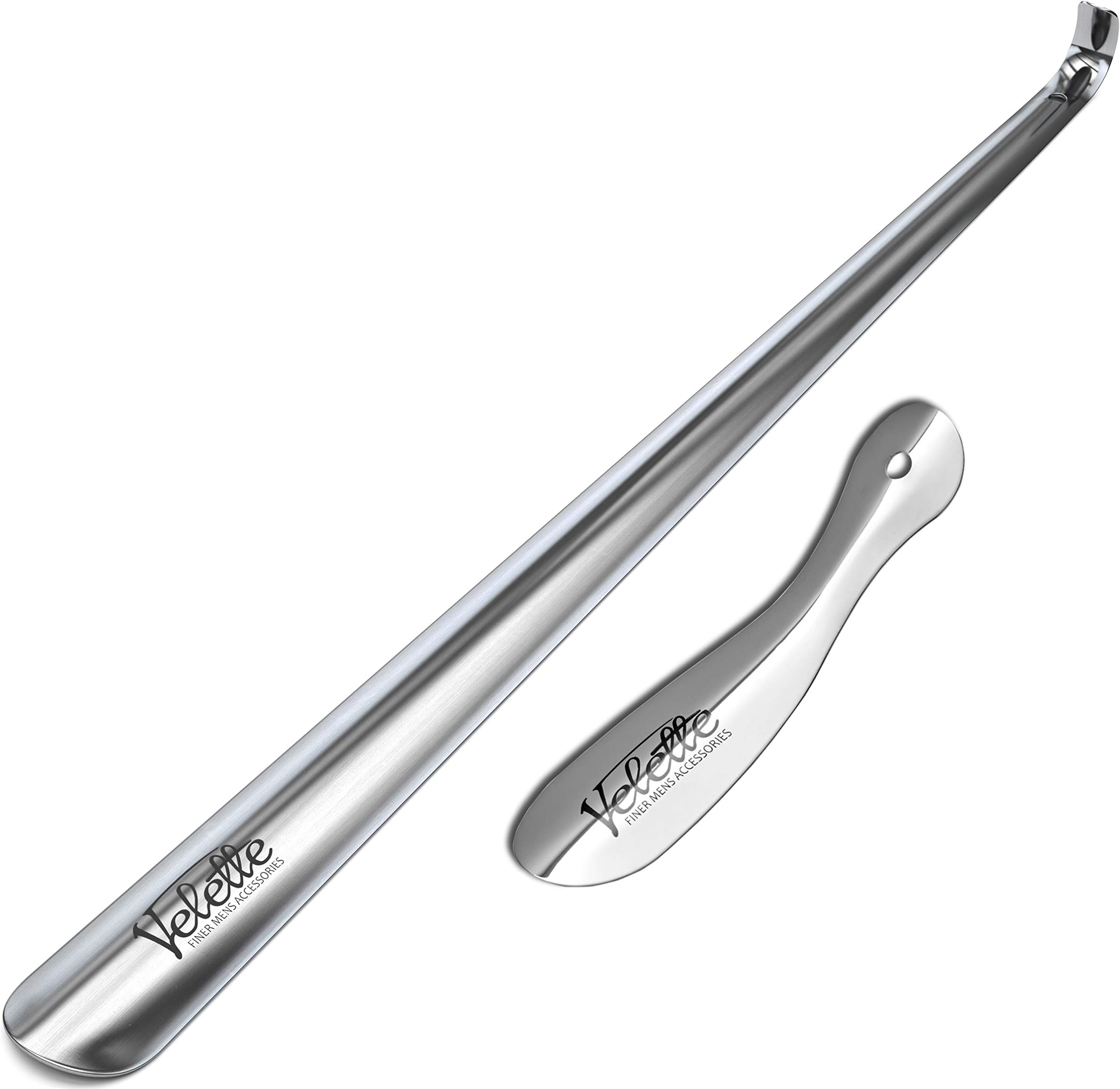 Extra Long Metal Shoe Horn - 1 Metal Shoe Horn Long Handle- 28", and 1 Metal Shoe Horn- 7.5"- Top Quality by Velette