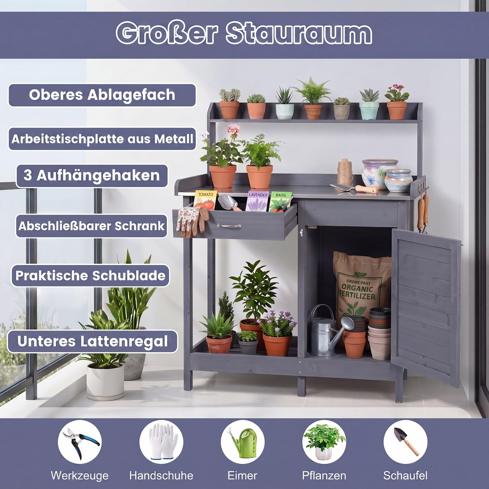 GYMAX Pflanztisch mit Unterschrank, 112 x 46,5 x 125 cm (Grau)