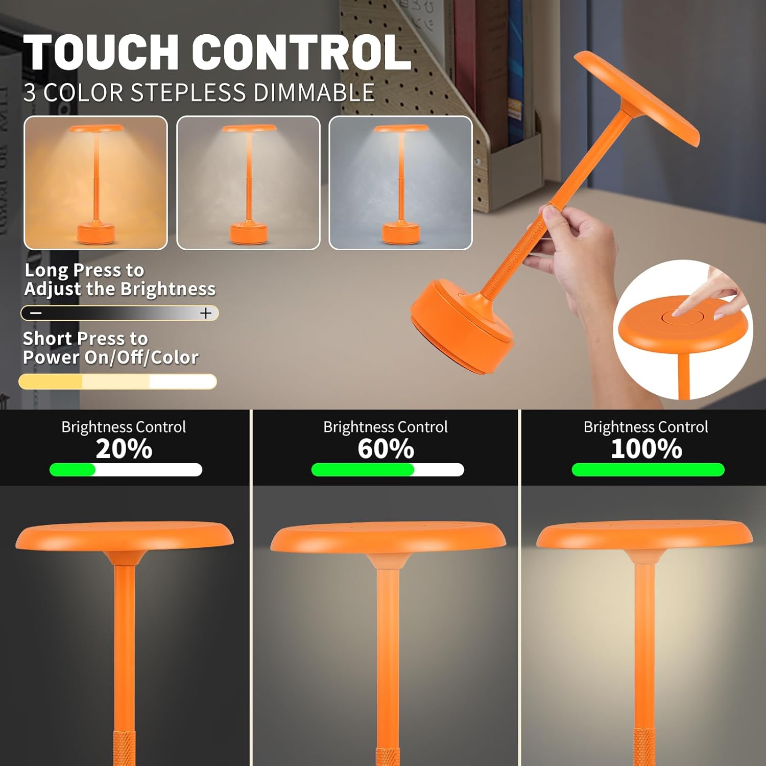 5200mAh Rechargeable Cordless LED Table Lamps Touch Sensor Light, 3-Levels Portable Dimming Wireless Battery Operated Lamp,Night Light/Restaurant Table/Outdoor/Coffee/Bar (Orange Set of 2)