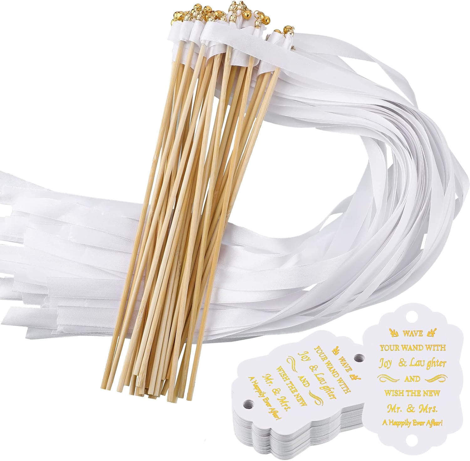 Junkin 100 Pcs Wedding Wands Streamers with Bells Set, 50 White Wedding Send Off Ribbon Streamers Sticks and 50 Favor Tags for Bridal Baby Shower Anniversary Holiday Send Off Party Activities Favors