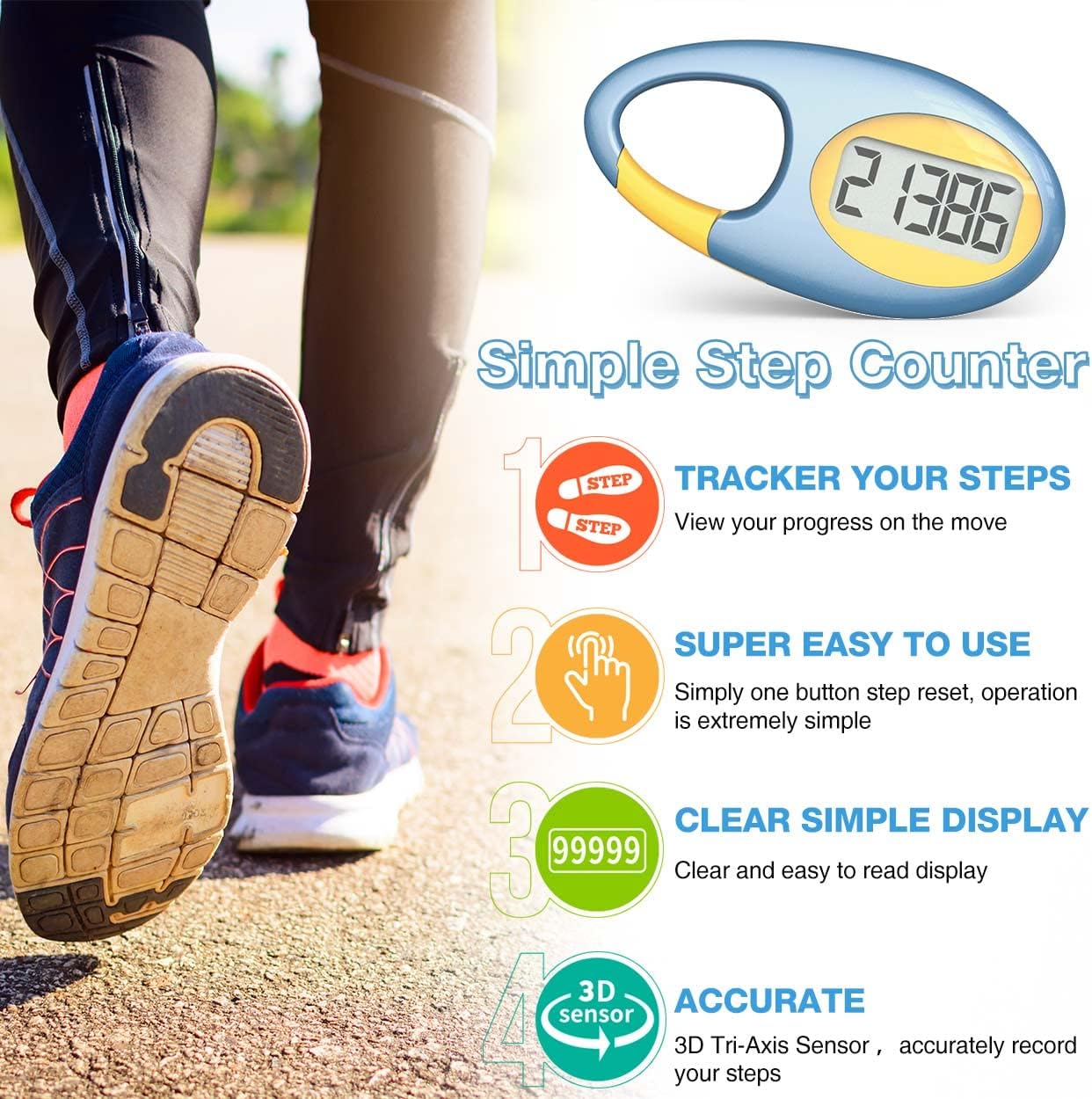 Simple 3D Step Counter, Walking Pedometer, Steps Tracker with Neck Lanyard / Carabiner for Men Women Teens Adults Seniors