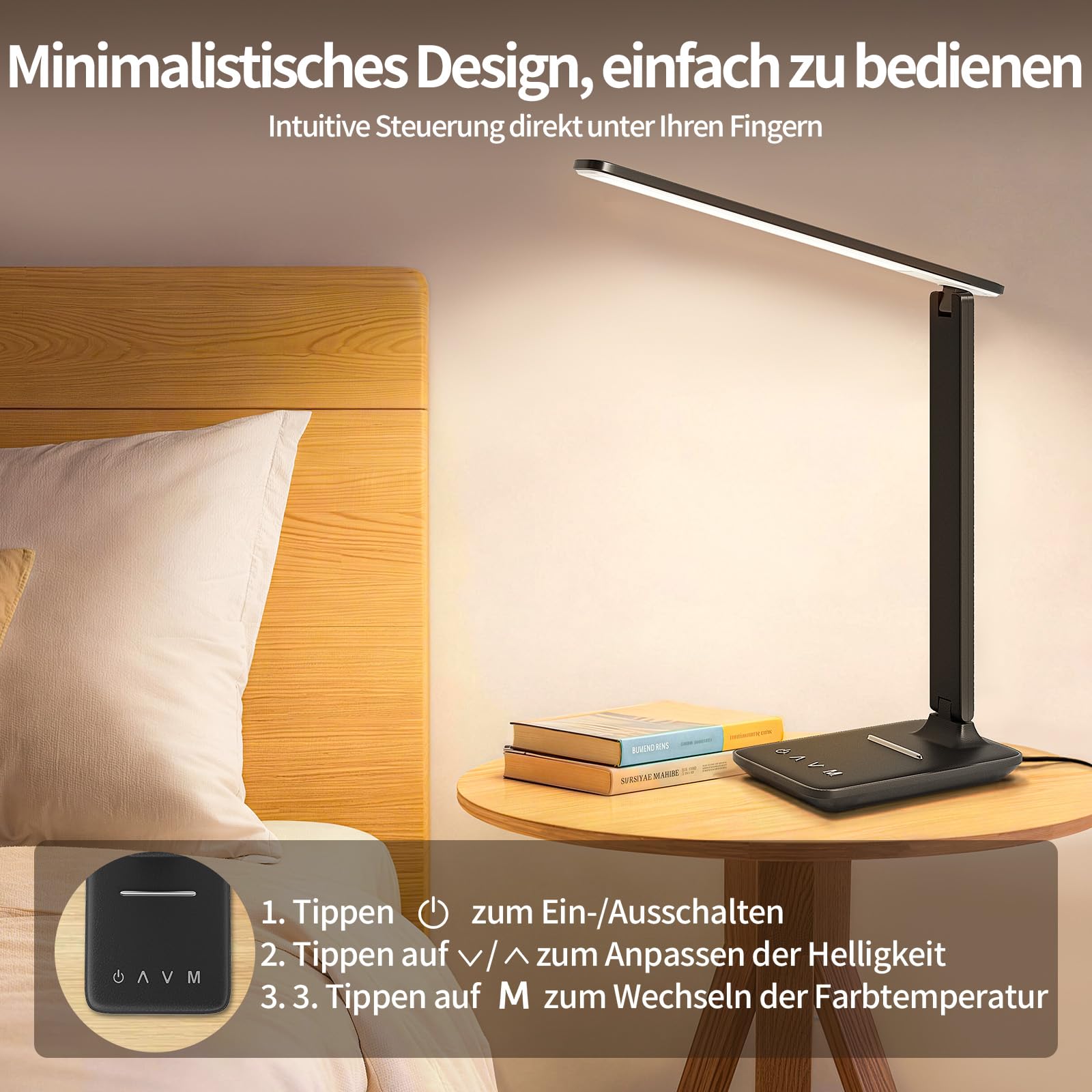 Lámpara De Escritorio LED, Lámpara De Mesilla Regulable Con Luz De Cuidado Ocular Y Puerto De Carga USB-A, 5 Modos De Luz Y 5 Niveles De Brillo, Luz De Lectura Plegable Para Dormitorio