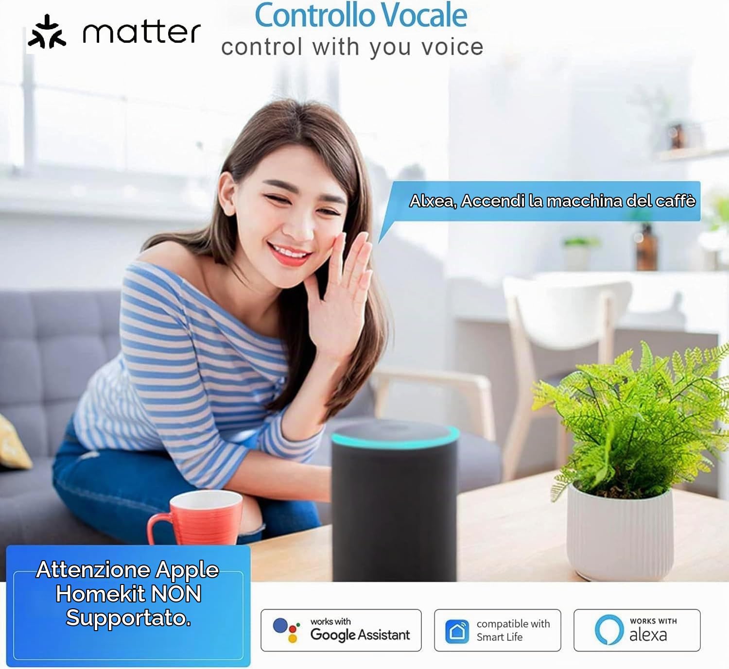 Ciabatta Multipresa Matter con USB C 20W, Multipresa Smart WiFi Caricatore Rapido USB C Matter Simple Setup, Compatibile con Alexa, Apple HomeKit e Google, 16A, 4 Prese, 2 USB C, 1,5M