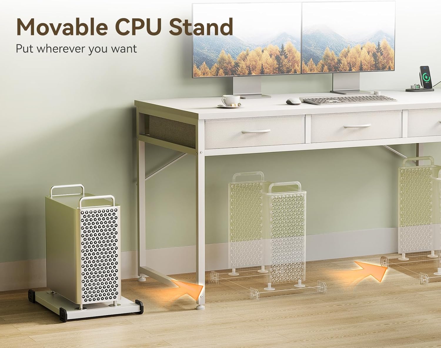 Casaottima L Shaped Desk, Reversible Computer Desk with 3 Fabric Drawers, 53" Corner Desk with Power Outlets&Storage Shelves, White Desk with Movable CPU Stand, Desk for Home Office