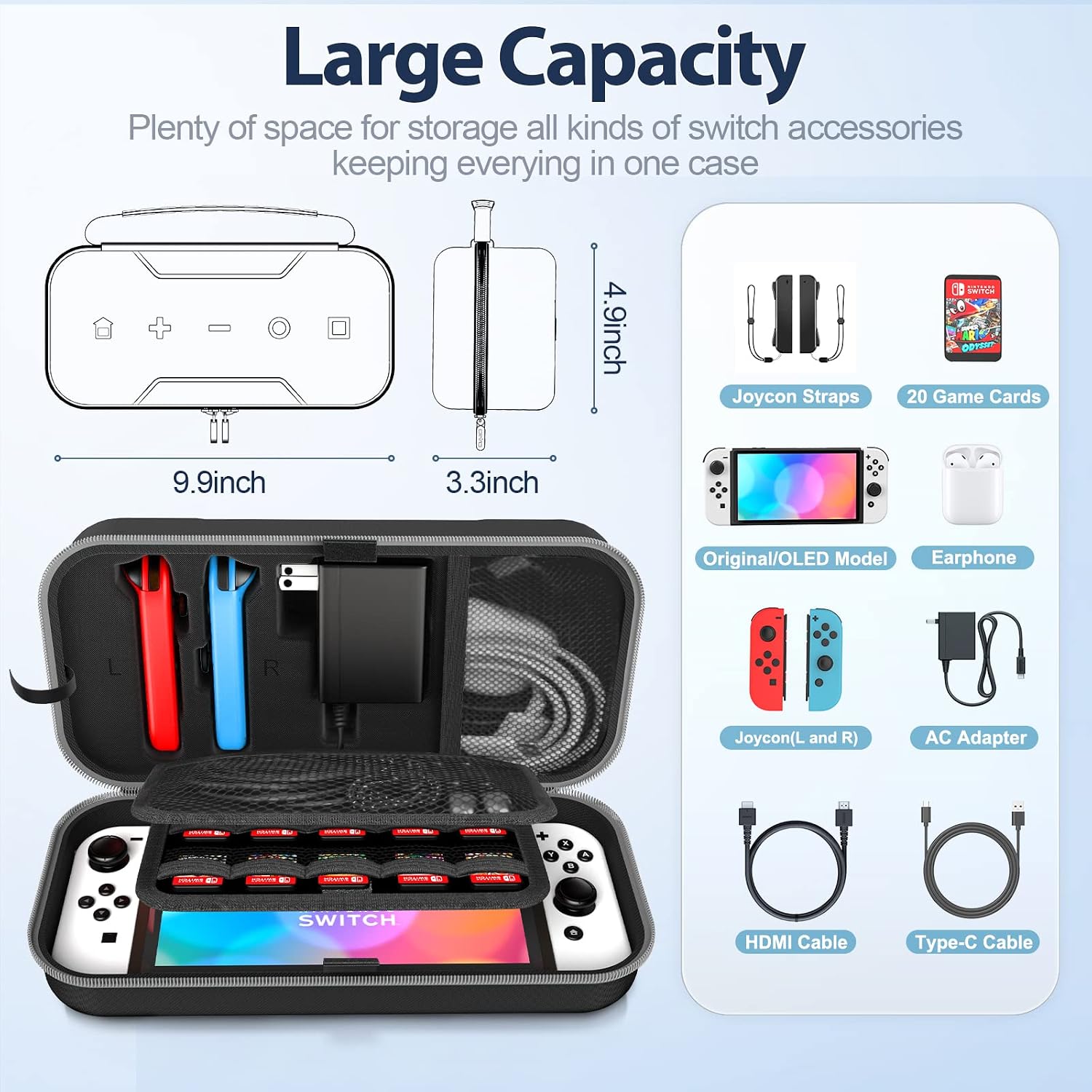 Switch OLED Carrying Case Compatible with Nintendo Switch/OLED Model, Portable Switch Travel Carry Case Fit for Joy-Con and Adapter, Hard Shell Protective Switch Pouch Case with 20 Games, Grey