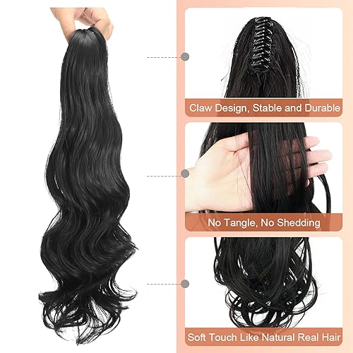 Miniatura 4 de Limerence Extensión de cola de caballo con clip de garra de 20 pulgadas, extensiones de cabello largo ondulado para mujer, extensión de cola de