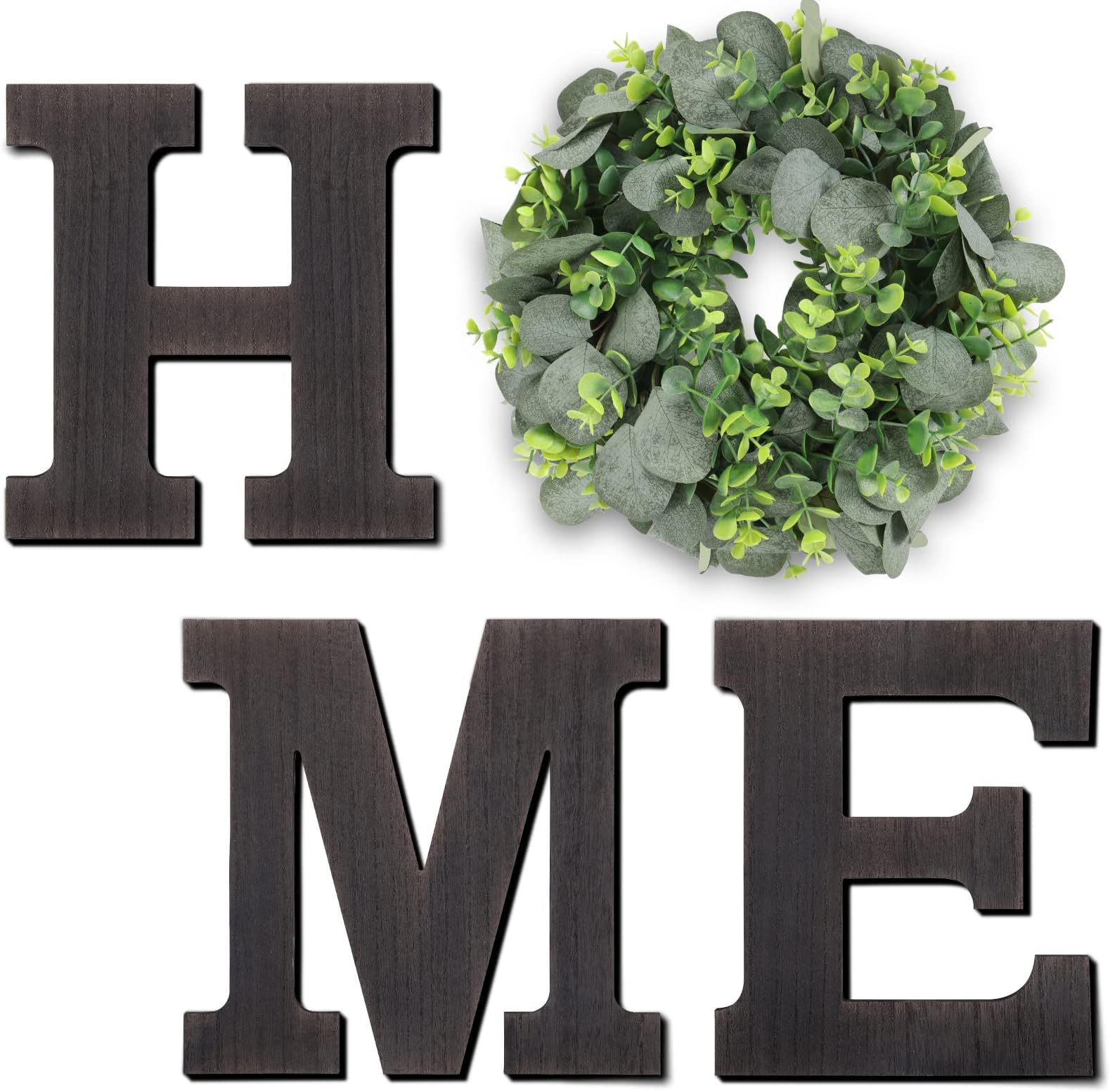 Whonline Home Sign Wall Decor Wooden Farmhouse Wall Decor Hanging Letters Home Sign with Eucalyptus Wreath for Front Door Living Room Entryway Kitchen Bathroom Housewarming