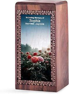 Crimson Rose Wooden Small Urns for Human Ashes Keepsake - Personalization Mini Urn for Ashes Adult Male & Female - Blue Keepsake Urns - Wood Urn for Grandmother (5 Inch)