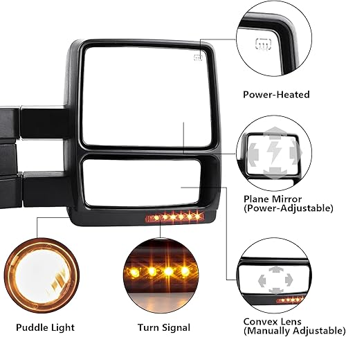 Miniatura 2 de Perfit Zone Juego de espejos de remolque izquierdo y derecho para 04-07 F-150, potencia calentada, con luz de señal ámbar, con lámpara de charco,