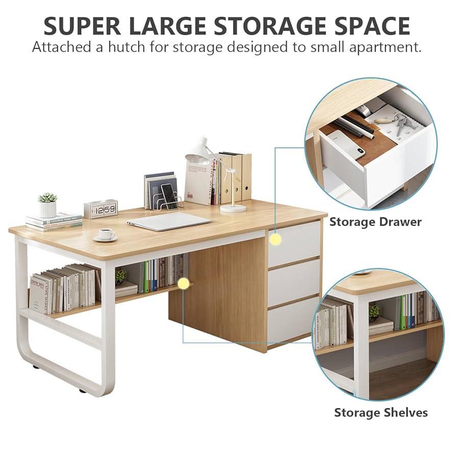シンプルモダンデスク・机　3引き出し Amazon | 【Ptomoto】3 引き出し＆収納棚付き シンプルモダン