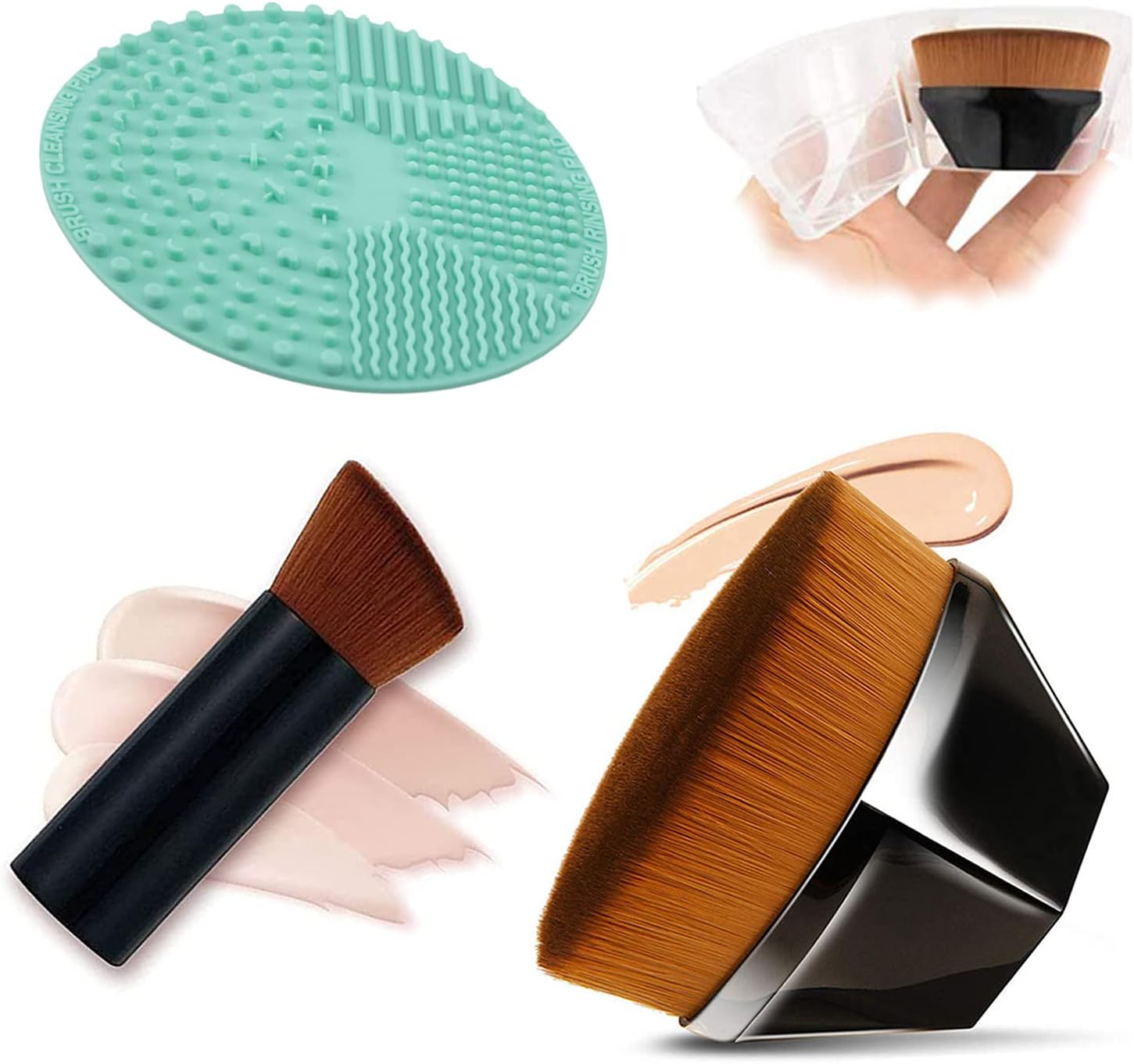 Foundation Makeup Brush, Flawless Momma Brush with Brush Cleaning Mat and Protective Case, Flat Top Kabuki Hexagon Face Blusher for Blending Liquid, Cream or Flawless Powder Cosmetics