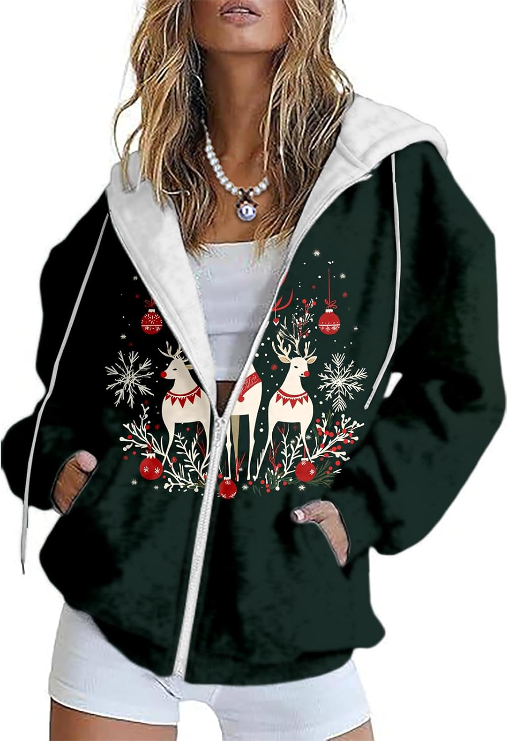 Christmas Hoodie for Women Zip Up Trendy Graphic Hooded Sweatshirt Comfy Casual Long Sleeve Winter Tops