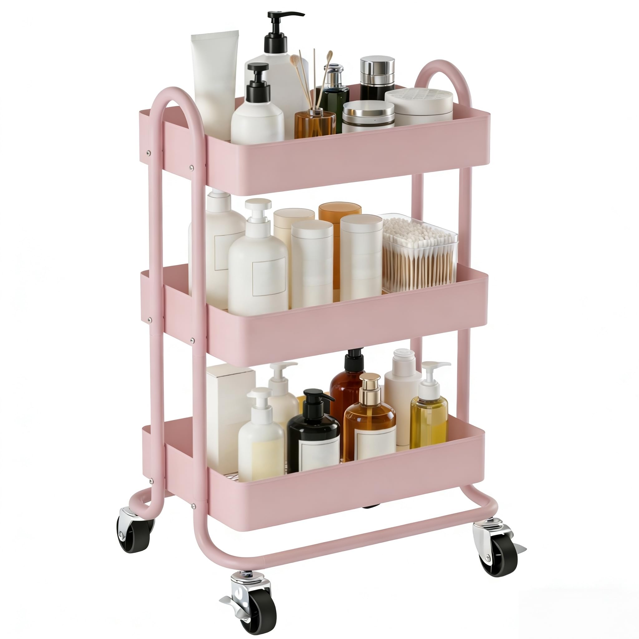 Mordchil EU 3 Tier Metal Utility Cart with Lockable Wheels for Storage, Rolling Utility Trolley Storage Cart for Home & Office, Pink