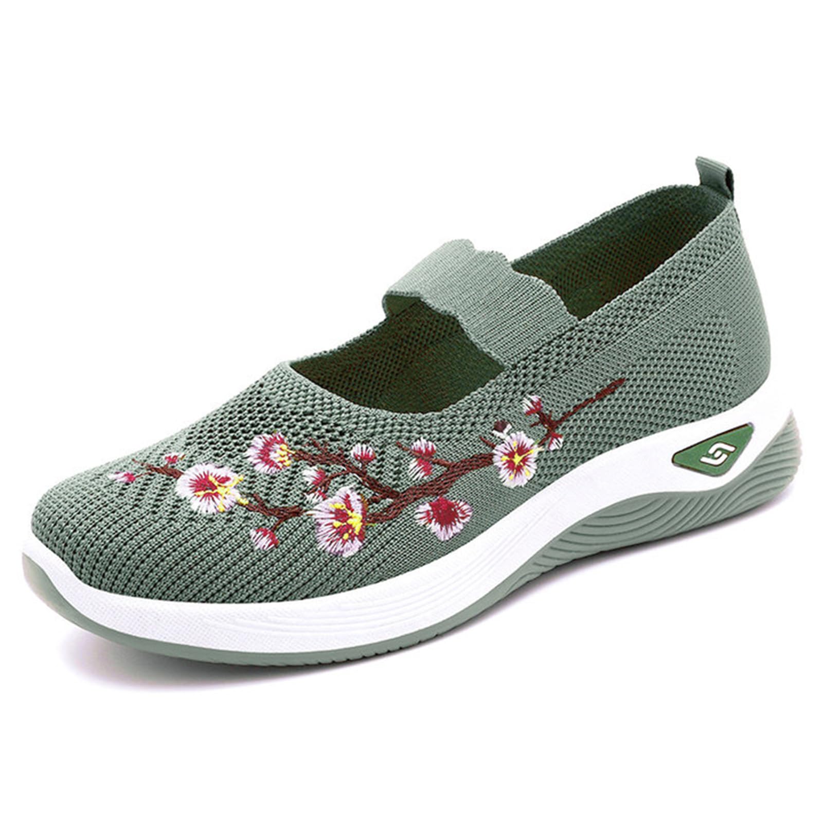 Women's Orthopedic Walking Shoes Embroidered Flower Slip On Arch Support Loafers Breathable Mesh Non-Slip Memory Foam Platform Sneakers for Nurse Mom Casual Wide Feet