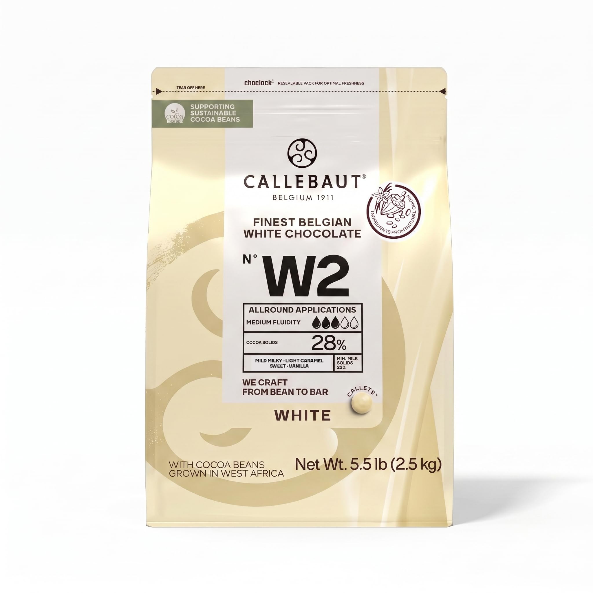 Callebaut Recipe No. W2 Finest Belgian White Chocolate 2.5kg Bag | 28% min dry cocoa solids; 22% min dry milk solids; 35.8% fat; mild milky - light caramel - sweet - vanilla product thumbnail 2