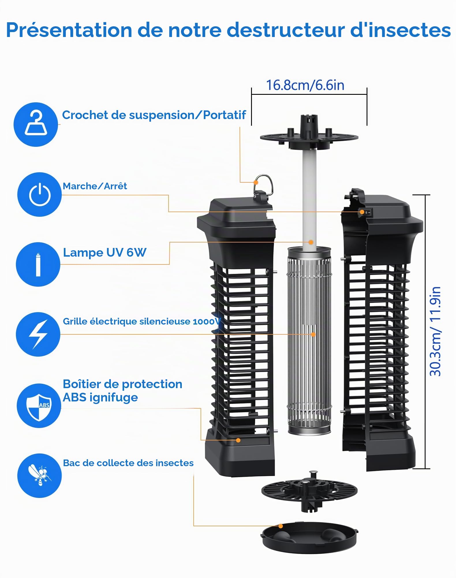 Lampe Anti Moustique, 6W Portée Efficace De 30m², Destructeur Électrique D'insectes avec Interrupteur Et Câble De 1,2m, Tue Efficacement Les Insectes Volants pour L'intérieur