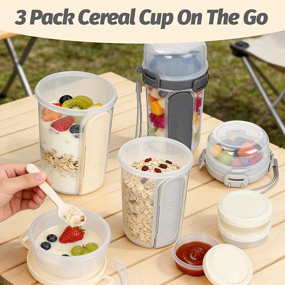 3 Pcs Overnight Oats Jar Plastic, Reusable Granola and Yoghurt Pot with Spoon & Fork, Cereal Cup On The Go Container with Sauce Box, Breakfast Pots with Lids for Salads,Fruit,Milk,Porridge