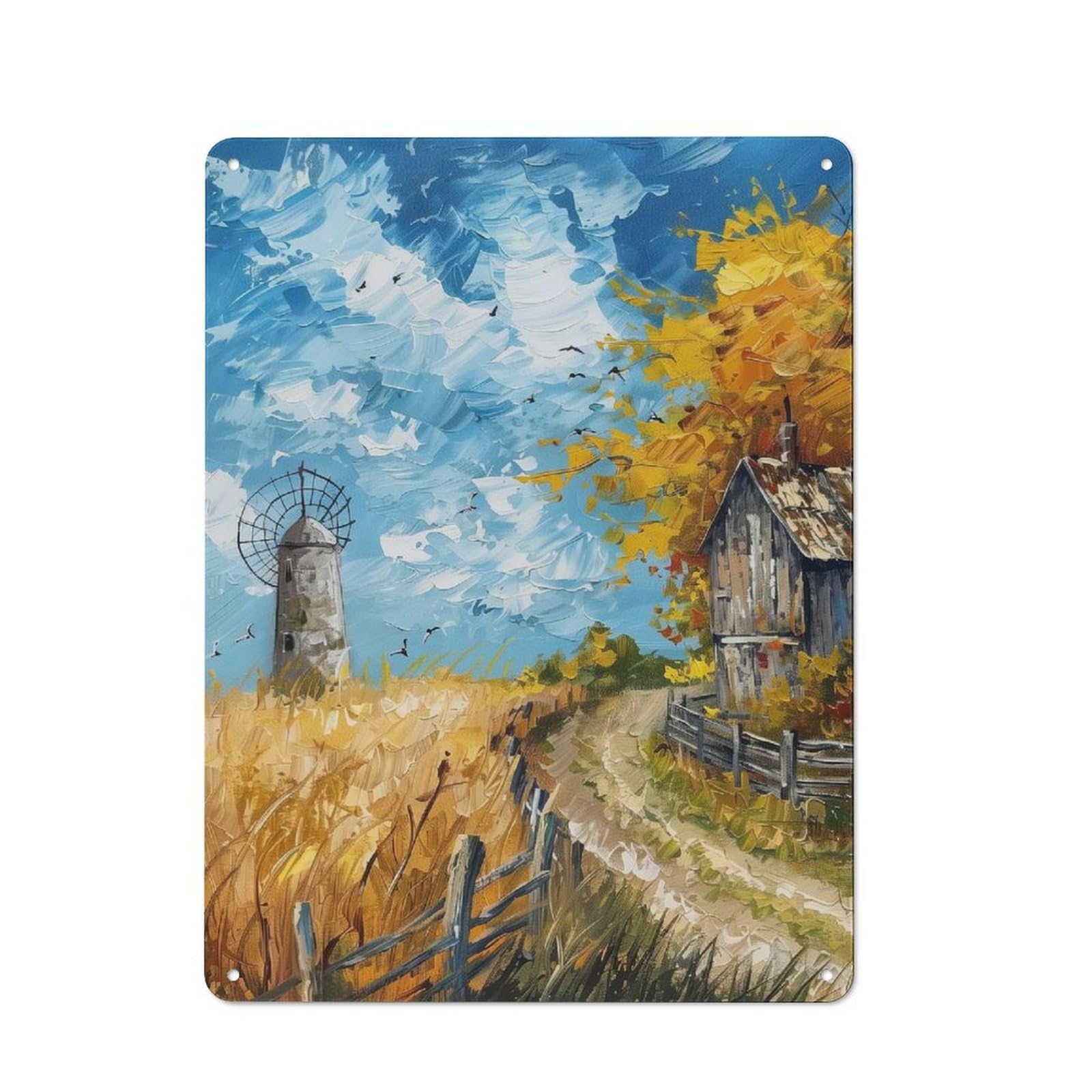 Junmoney Style-17 Workshop Style Garage Metal Sign 40X30cm Featuring Autumn Landscape With Windmill And Barn, Industrial Wall Art For Garage, Hobby Room, Office Or Man Cave
