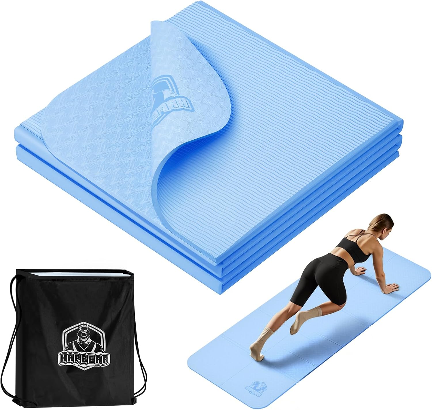 HAPBEAR Foldable Yoga Mat - 72"x24"x0.24" (6mm), Non-Slip TPE Exercise Mat for Home Workout, Yoga, Pilates,Stretching, & Travel, Durable & Eco-Friendly, Includes Carry Bag
