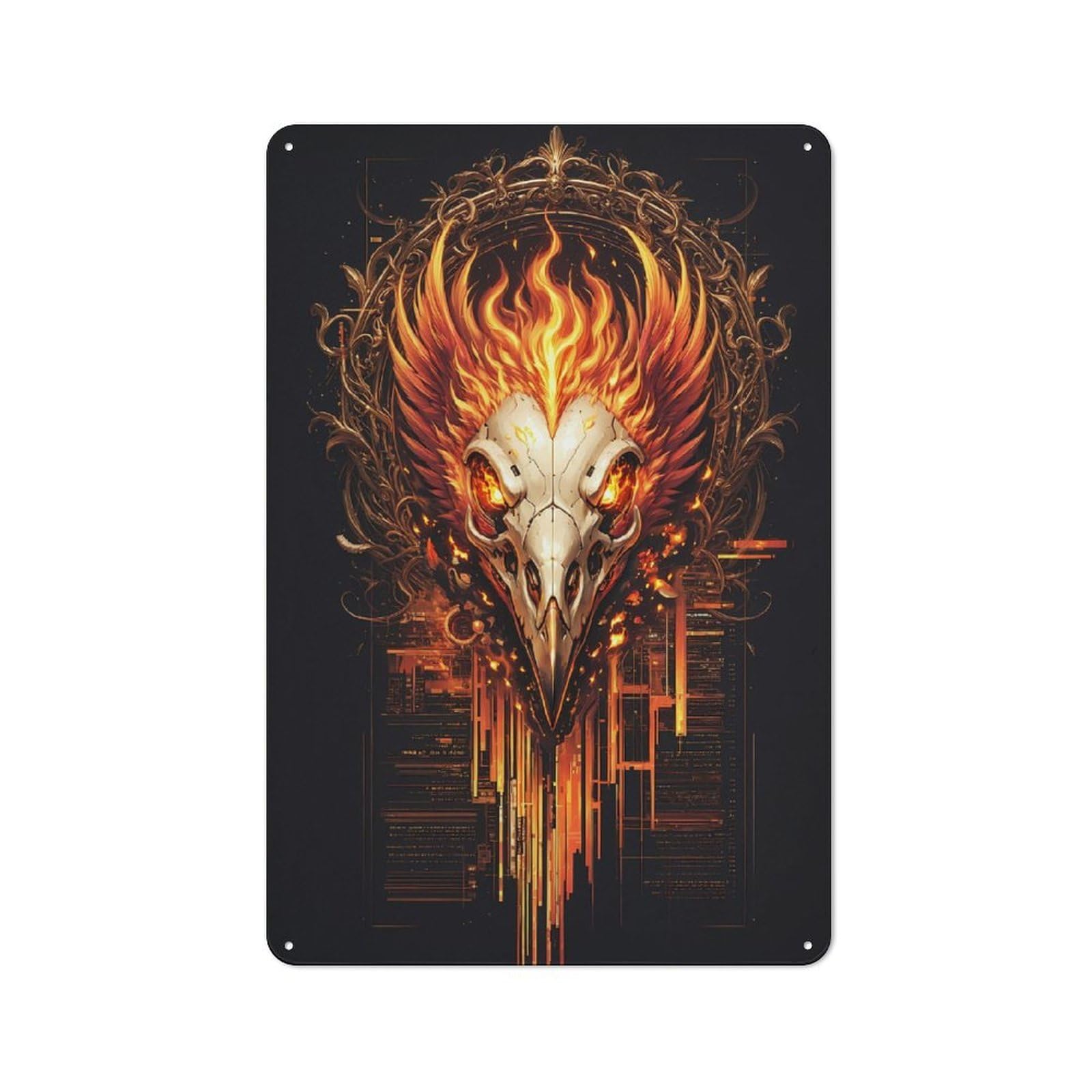 Junmoney Style-23 Tin Wall Plaque 30X20cm With Flame Phoenix Skull Coding For Living Room Or Hallway, For Vintage Wall Decor Fans, For Themed Room Decoration