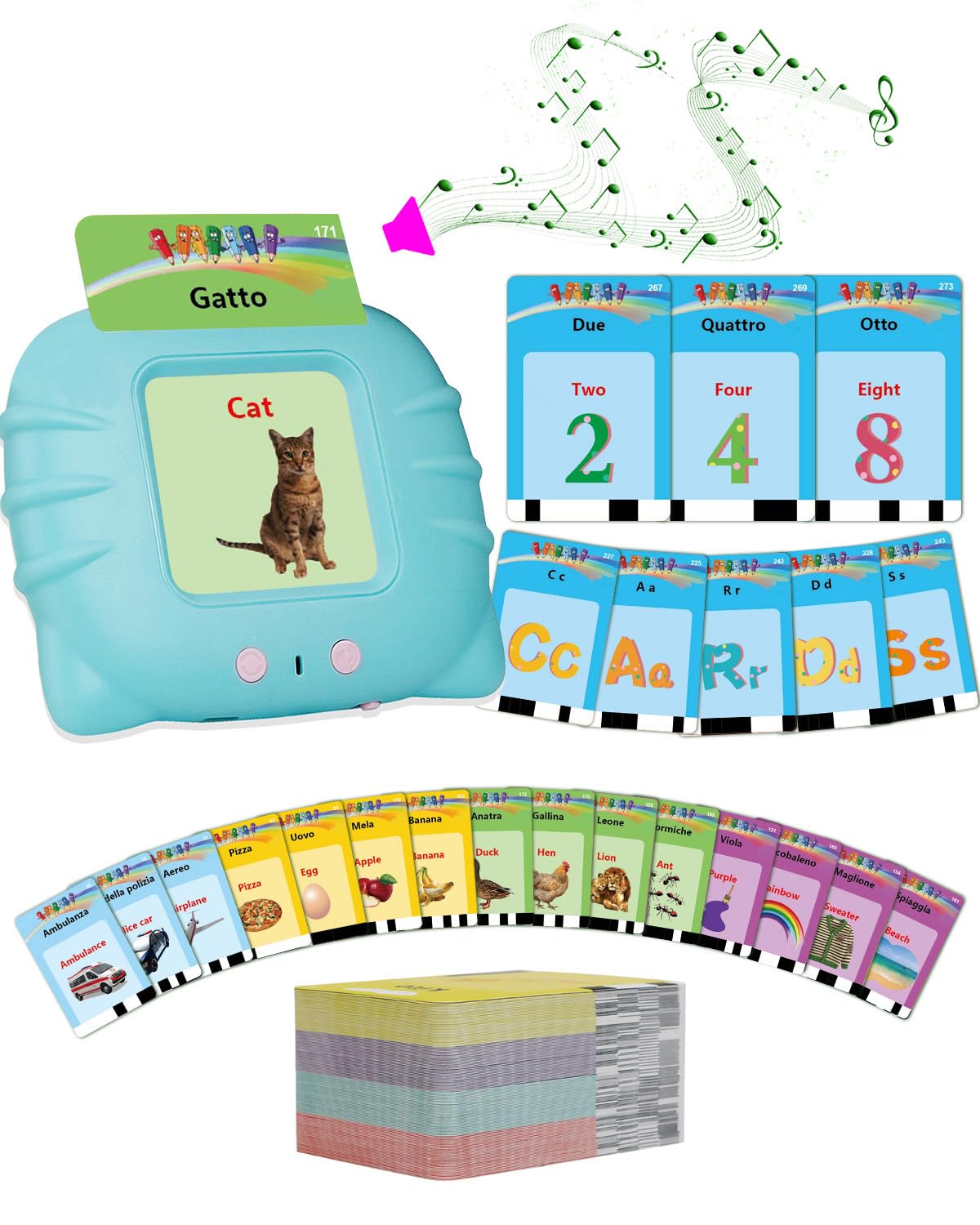 Schede Flash Cards Parlanti,Giocattoli di Apprendimento per Bambini dai 1-12 Anni, Educativi Prescolari da Ascoltare e Imparare di Base 510 Parole(Blu italiano + inglese)