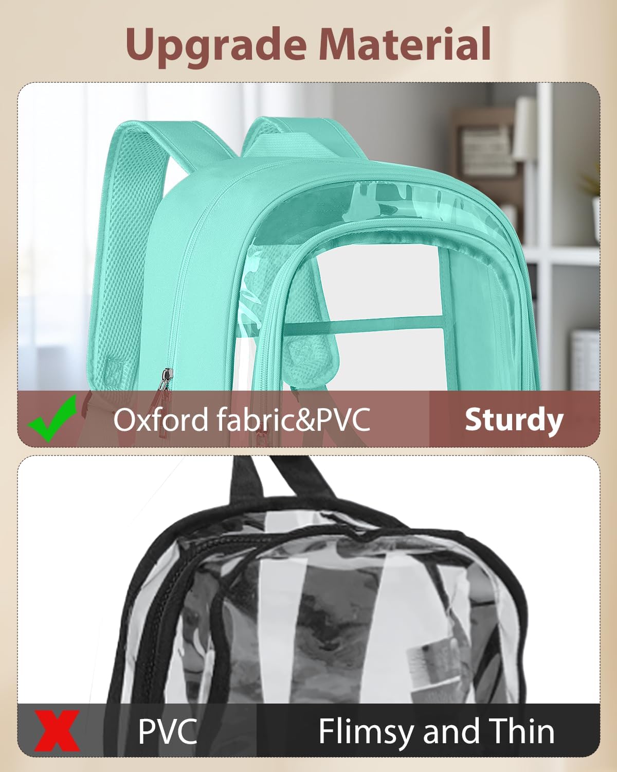 Clear Backpack, Fabric & PVC Transparent Backpack with Reinforced Strap for Women Men, Heavy Duty Transparent Bookbag, Large Capacity Clear bag, Travel, Security, Green - Image 3