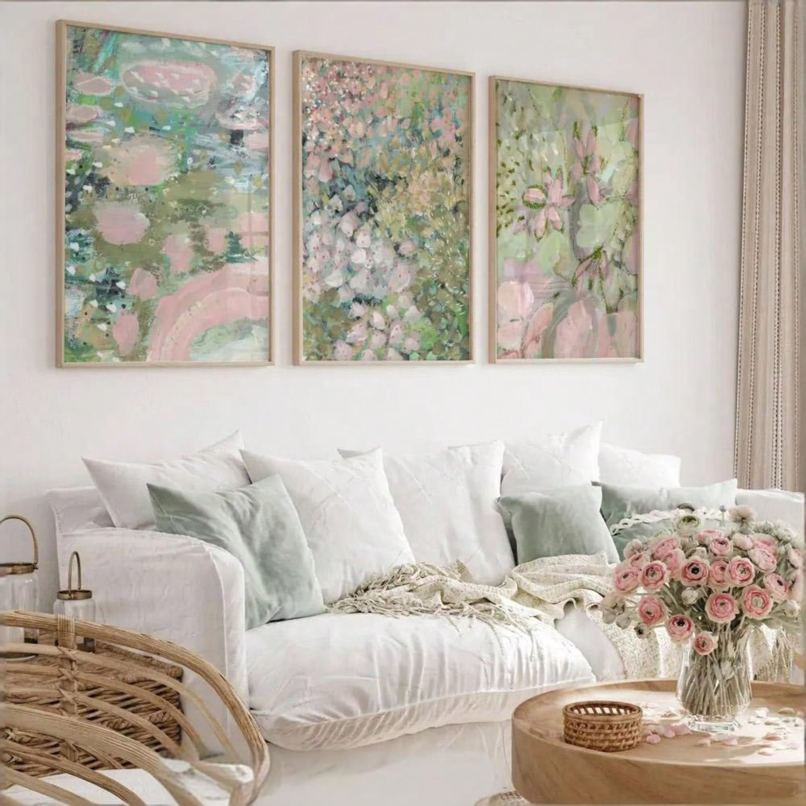 ZBELLO Set of 3 Abstract Floral Canvas Wall Art, Green Pink Botanical Wall Prints, Boho Flower Wall Pictures for Living Room Bedroom Home Decor, Unframed (30x40cm)