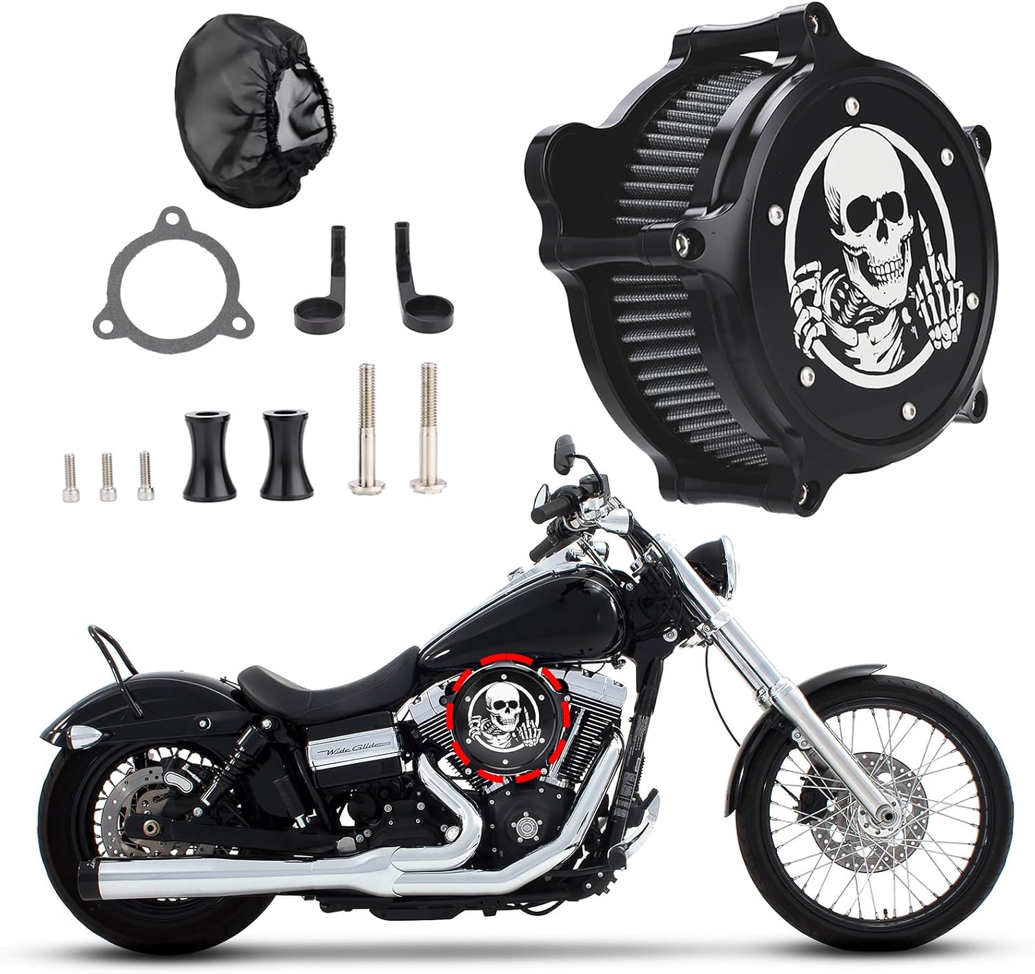 Air Cleaner Skull Style Air Filter with Filter Sock Dustproof Protective Cover Kit for Harley M8 Touring Road King Street Glide 2017-22 Softail 2018-24 M8 Trike 2017-25 (Black)