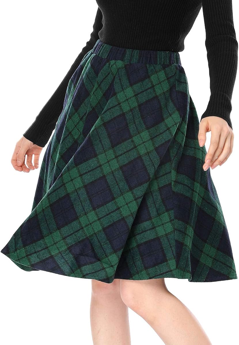 Allegra K Falda acampanada hasta la rodilla con cintura elástica y tartán vintage a cuadros para mujer