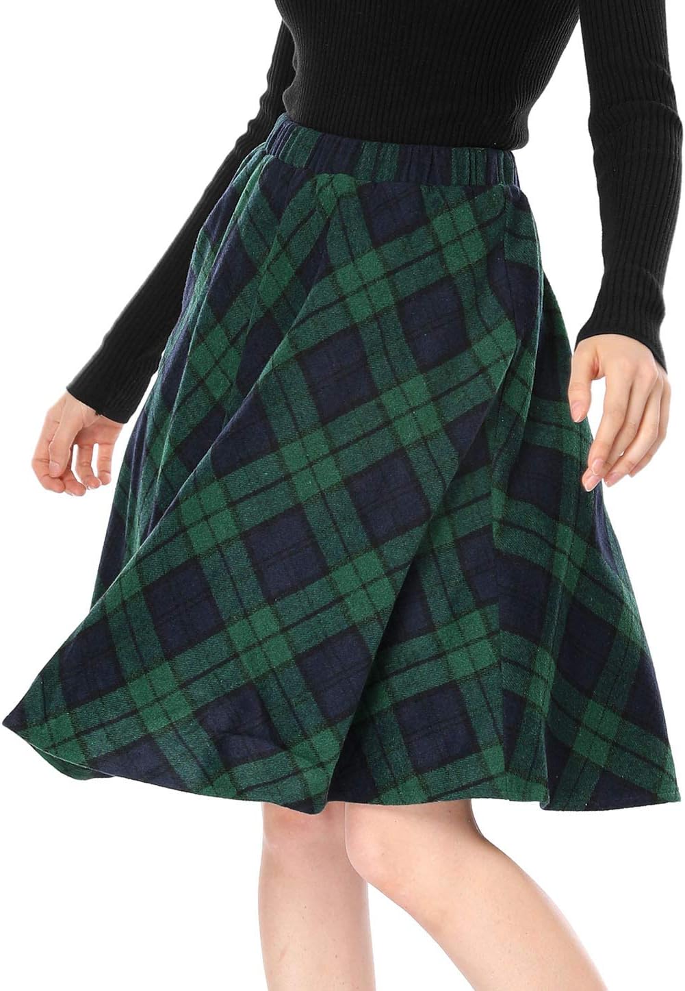 Allegra K Women's Plaids Vintage Tartan Elastic Waist Knee Length A-Line Skirt