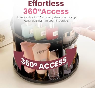 360 Rotating Makeup Organizer - Adjustable Shelf Height y Rotatable. The Perfect Cosmetic Organizer for Bedroom Dresser or Vanity Countertop. (Black)