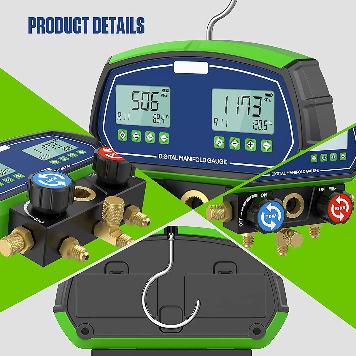 Digital Manifold Dual Gauge Set HVAC, Refrigeration Vacuum Pressure Temperature Leakage Tester Dignostic Tool with Three Modes for 90 Kinds Refrigerants
