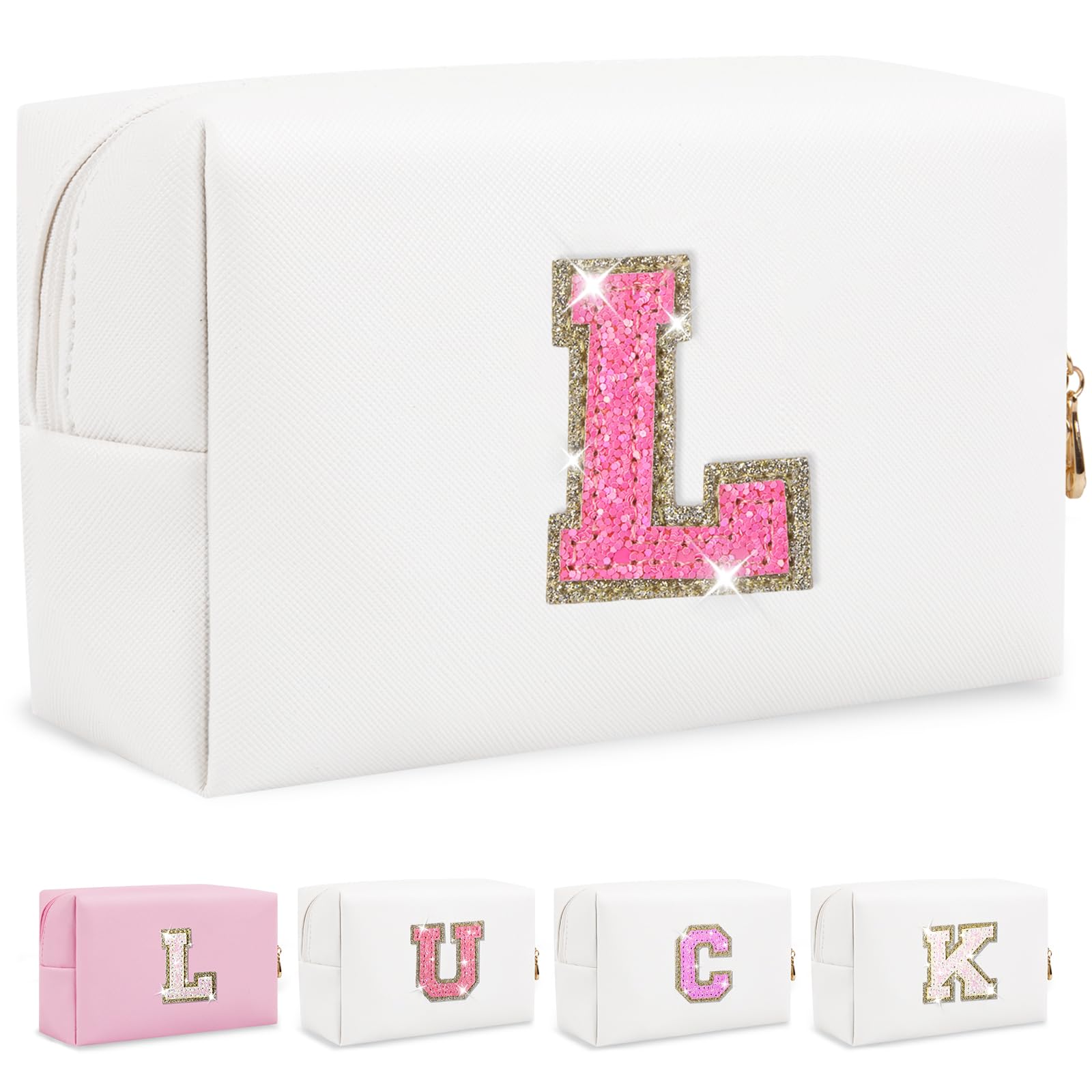 Initial Letter Patch Makeup Bag, Small Preppy A-Z Glitter Letter Cosmetic Bag, PU Leather Waterproof Travel Toiletry Bag, Cute Make Up Pouch