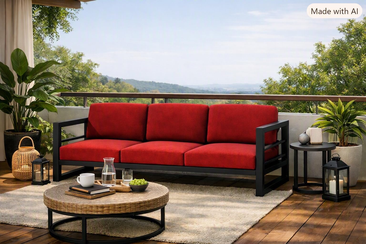Modern 3-Seater Outdoor Sofa with Red Cushions, Black Metal Frame Set Upon a Sturdy Black Metal Geometric Base Frame.-image-23