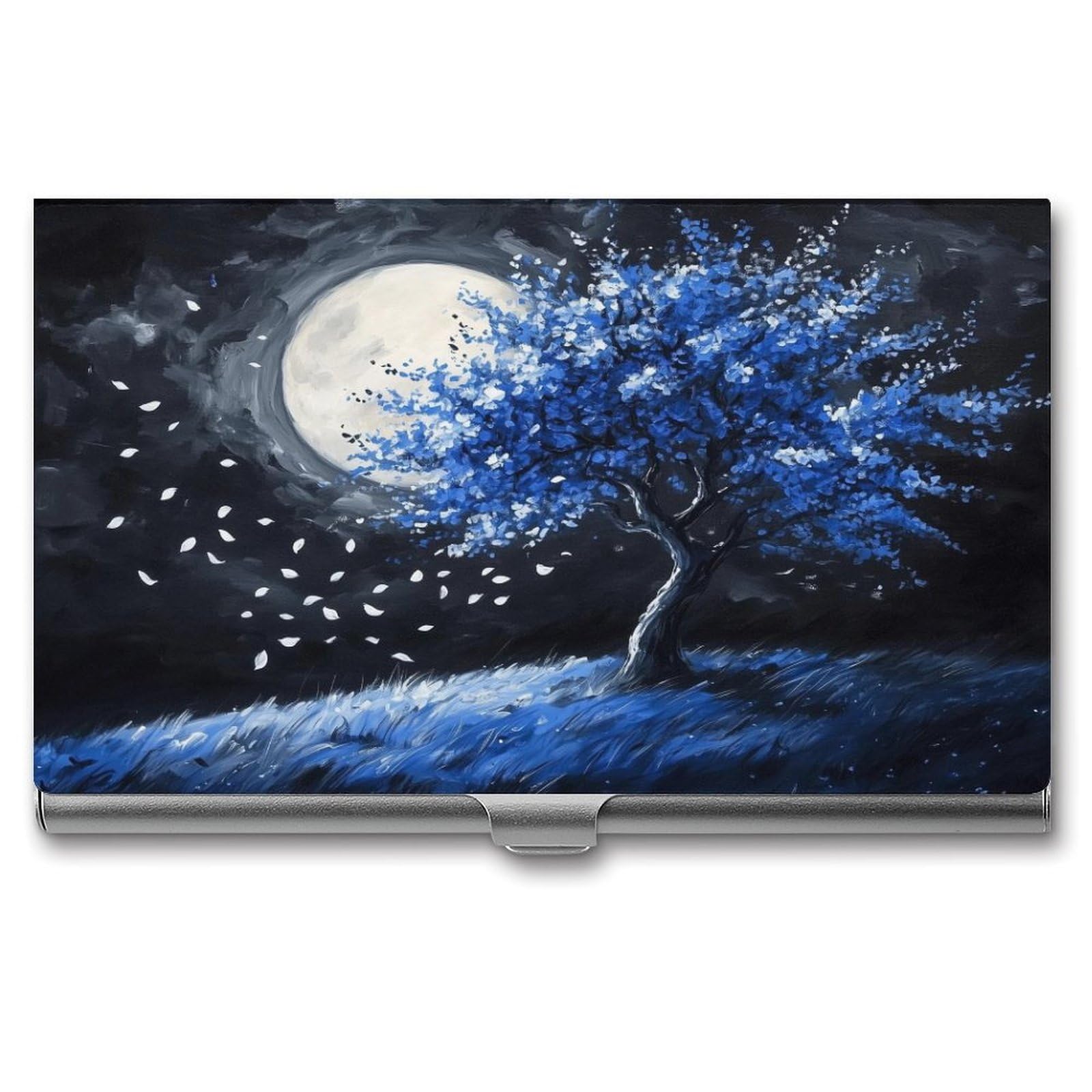 Blue Tree in The Moonlight Business Card Holder Pocket Slim Portable Metal Business Card Case