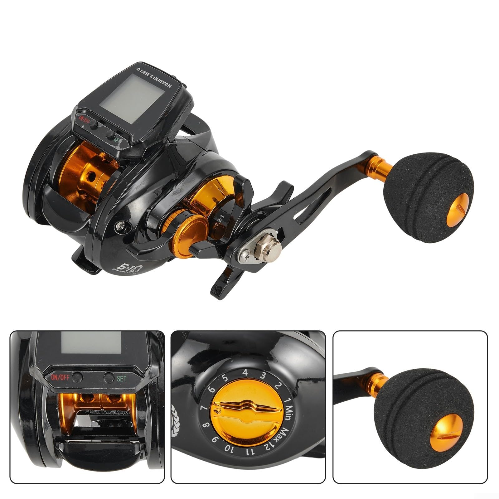 Carrete de pesca de aluminio, pantalla digital grande, recargable, alarma de mordida