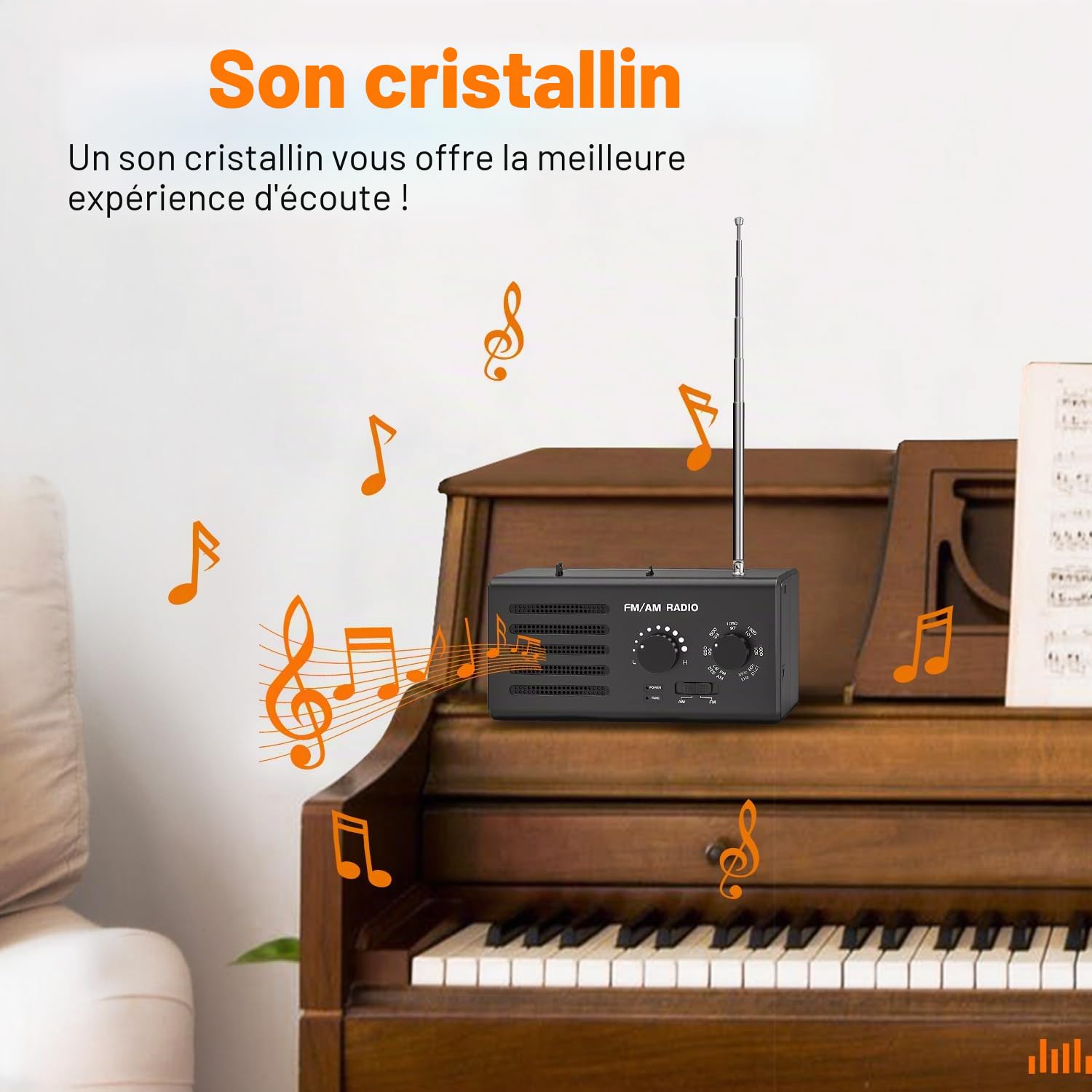 Radio Portable AM/FM avec Excellente Réception, Haut-Parleur Intégré, Prise Casque et USB. Alimentée par Piles, Idéale pour la Maison, L'extérieur et Les urgences.（Noir）