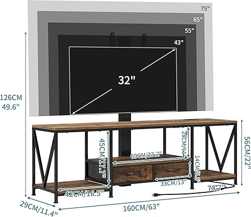 Miniatura 5 de 63" W TV Stand with Mount for 55,65,75" TV,Entertainment Center with Power Outlet&Led Lights,Height Adjustable TV Console Table with Open Storage