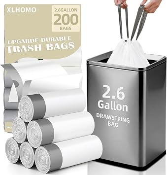 2.6 Gallon Trash Bags, 200 Count White Trash Bags Drawstring Small Garbage Bags Thick Pre-separated Unscented Trash Can Liners for Bathroom Office Kitchen Bedroom Home