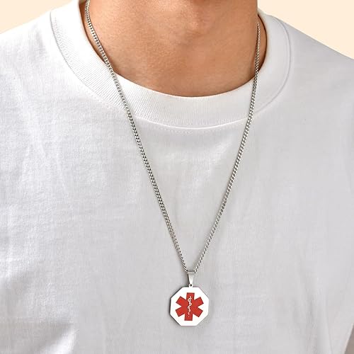 Miniatura 8 de VNOX Collar con colgante personalizado de acero inoxidable con grabado personalizado para identificación de alerta médica de emergencia para hombres