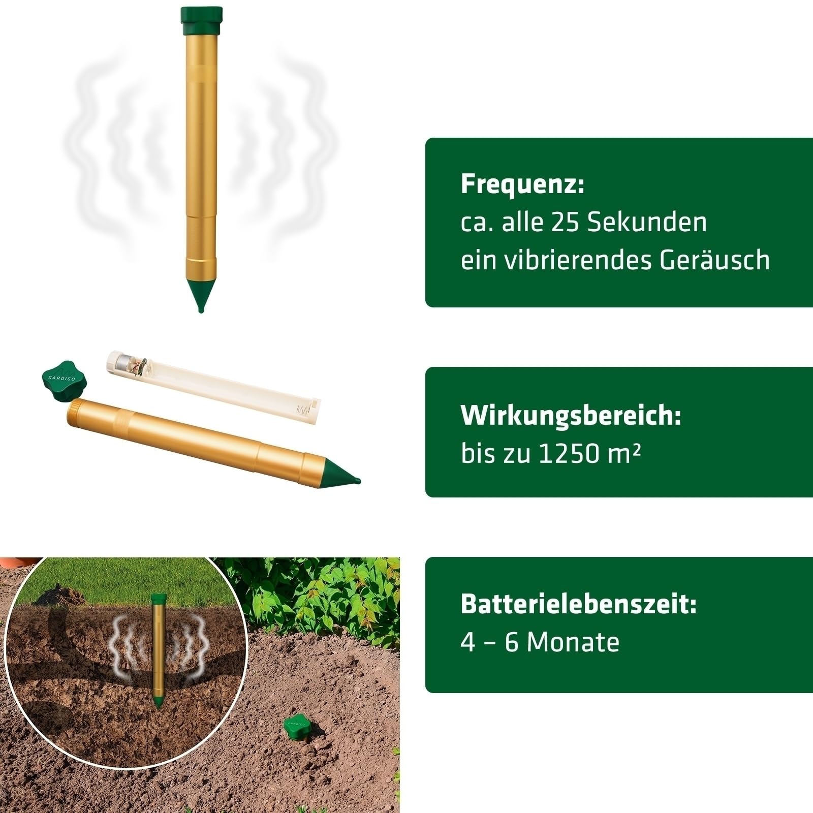 GARDIGO® Maulwurf Vertreiber Vibrasonic - 2er Set I Maulwurfabwehr mit Vibrationsmotor I wechselnde Frequenzen I ca. 1250 m² I Wühlmausvertreiber Ameisenabwehr für den Garten I Batteriebetrieben