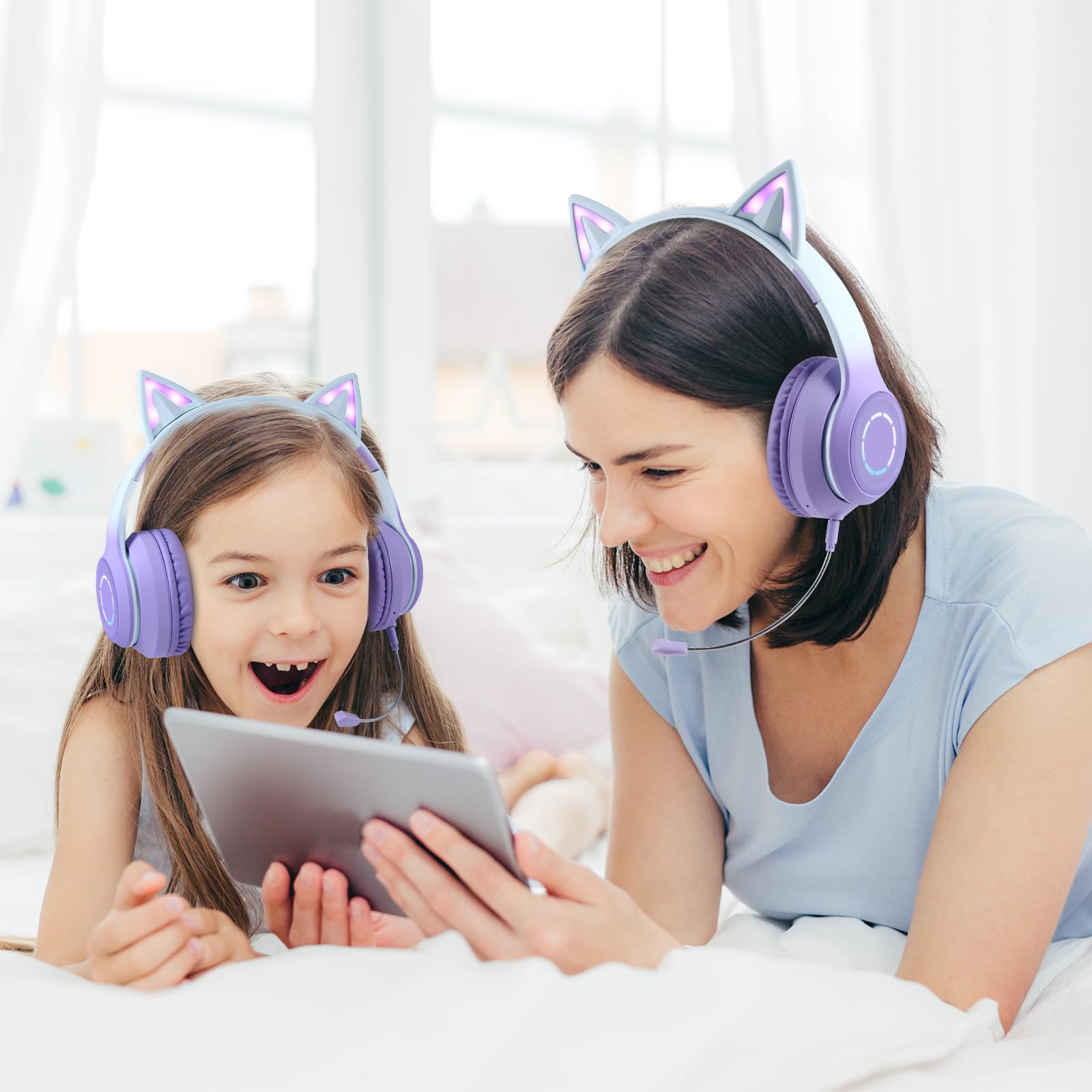 Sendowtek Kinder Kopfhörer, Mädchen Bluetooth Kopfhörer Over Ear Katze Kinderkopfhörer mit Abnehmbarem Mikrofon LED Licht, Faltbare Kabellos Kopfhörer für Kinder Erwachsene Schule/Tablet/PC/Phone