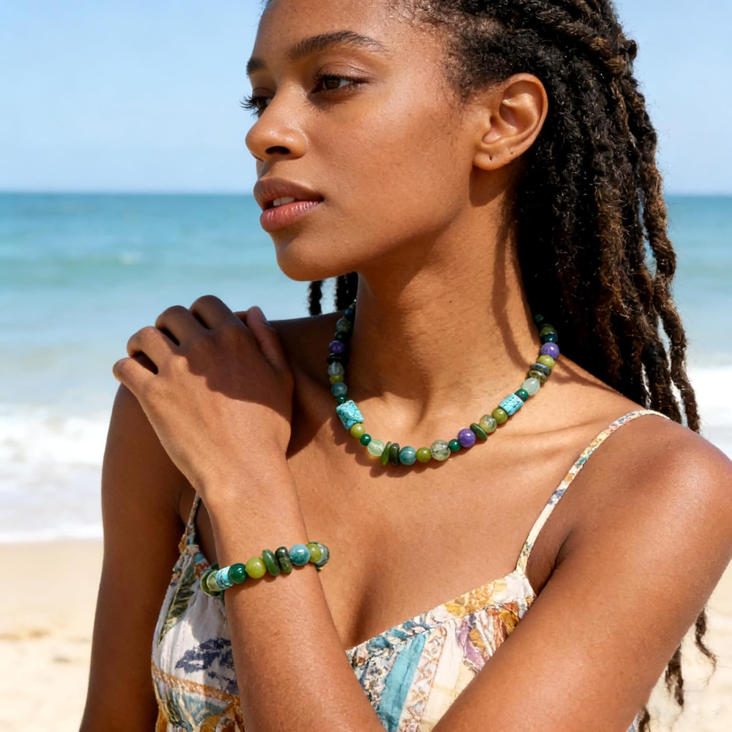 Boho Colorful Chunky Statement Beaded Necklaces for Women,Handmade Women's Fashion Gemstone Bead Choker Necklace,Western Natural Stone Strand Necklace Bib Collar Jewelry Unique Gifts for Women