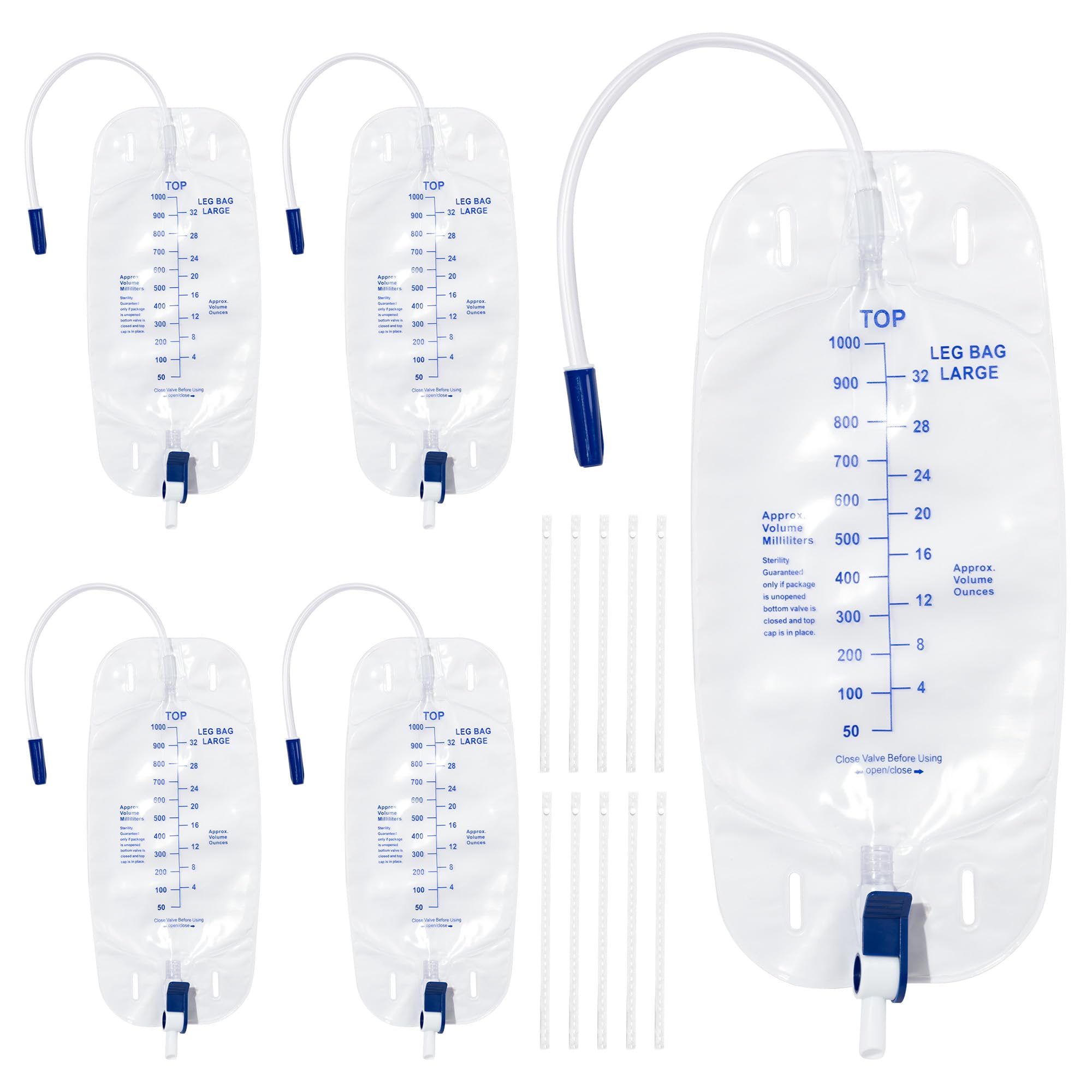 BeHerk Urinary Drainage Bag 1000ml Catheter Leg Bag, 5 Pack Catheter Leg Bags for Men, Catheter Bags with Anti-Reflux Valve, Adjustable Cloth Straps, Easy Drainage Flip Design