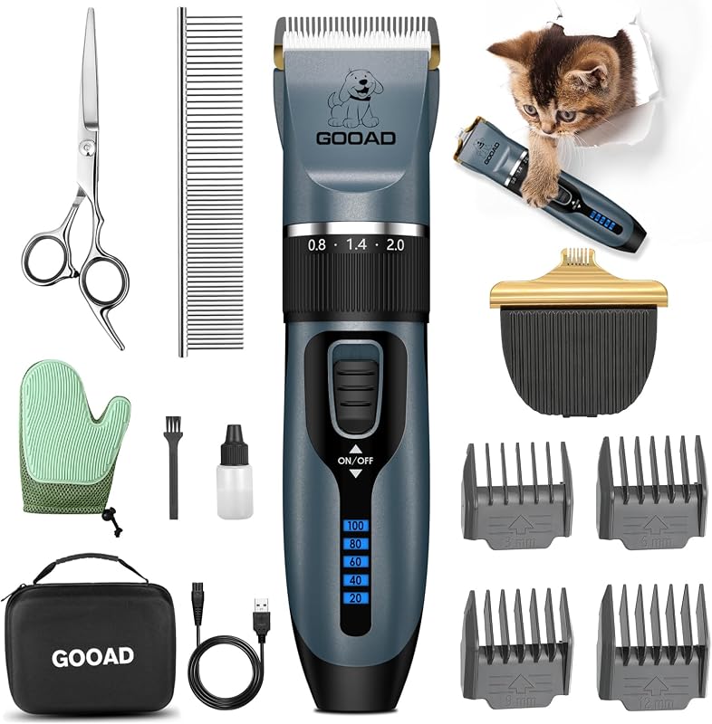 Professional Quiet Cat Clippers & Dog Grooming Kit | 250Min Cordless Pet Shaver, Low Noise Pet Hair Trimmer for Grooming,2in1 Wide & Narrow Blades,4 Combs,Scissors & Glove(Blue)