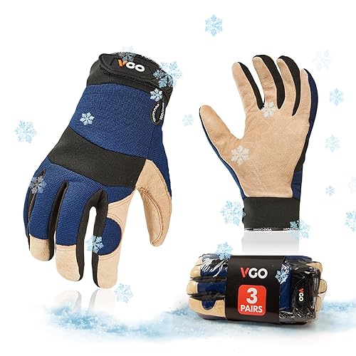 Vgo... - 3 pares de guantes de trabajo para invierno de cuero de cerdo y forro para temperaturas de 32F o más, guantes de seguridad (talla XXL,