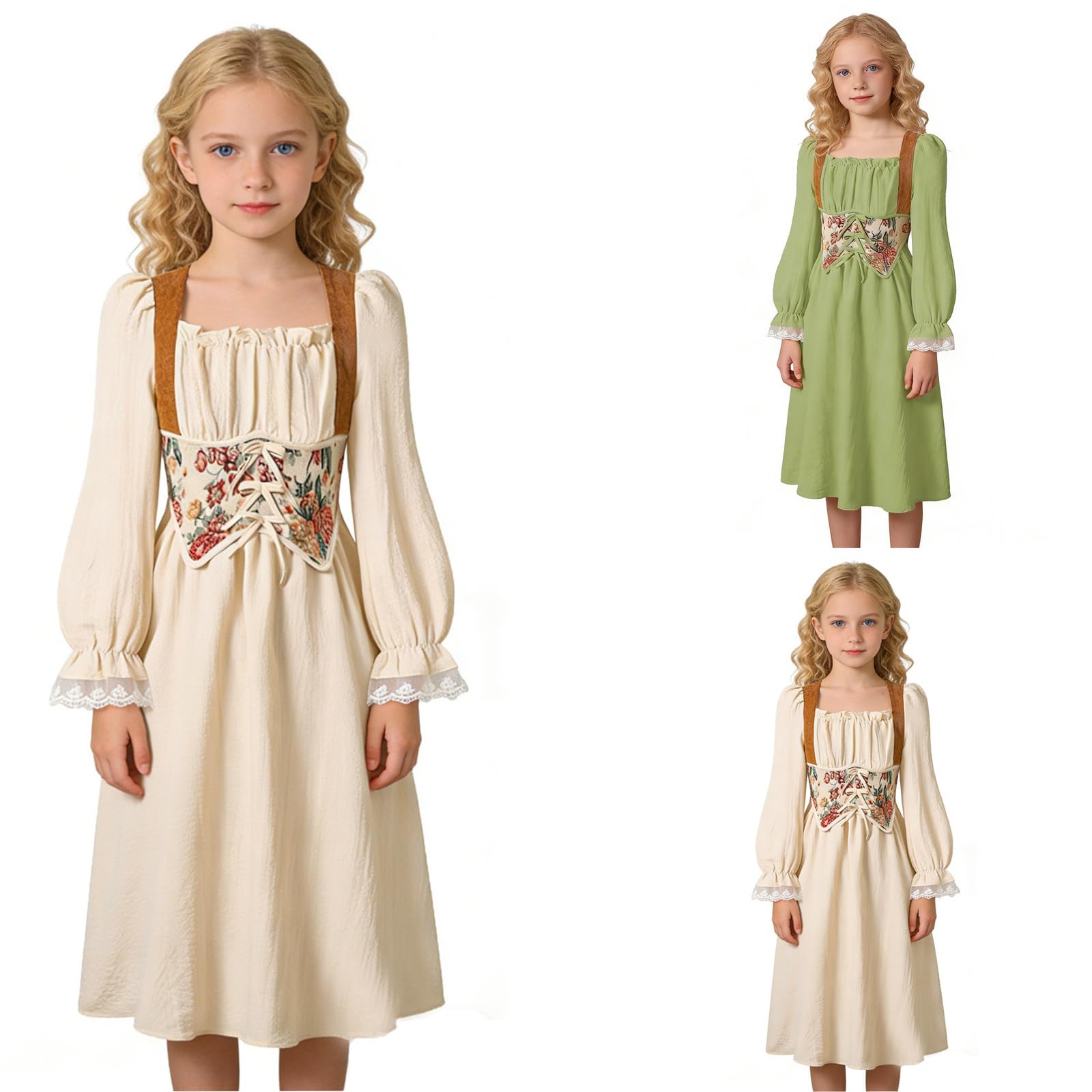 Feelcrag Girls Dress Renaissance Vintage Medieval Retro Dresses with Corset Long Sleeve Victorian Elegant Dress Daily Party Wedding Solid Casual Dresses Classic Court Style Casual Party Wear